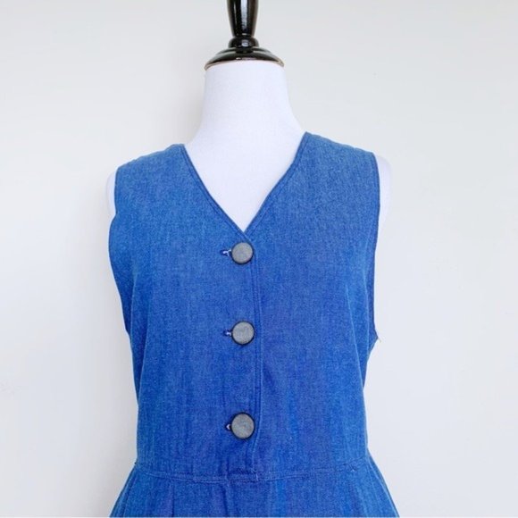 Vintage 70s 80s Denim Jumper Dress Midi Sleeveless with Pockets Size Medium - Picture 3 of 9